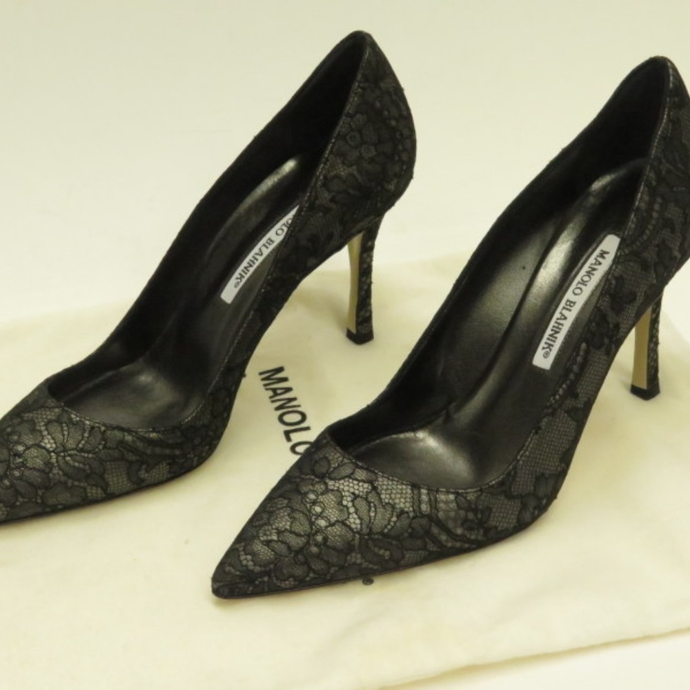 Manolo Blahnik Pump Black Lace & Gray Satin NEW - Picture 1 of 8